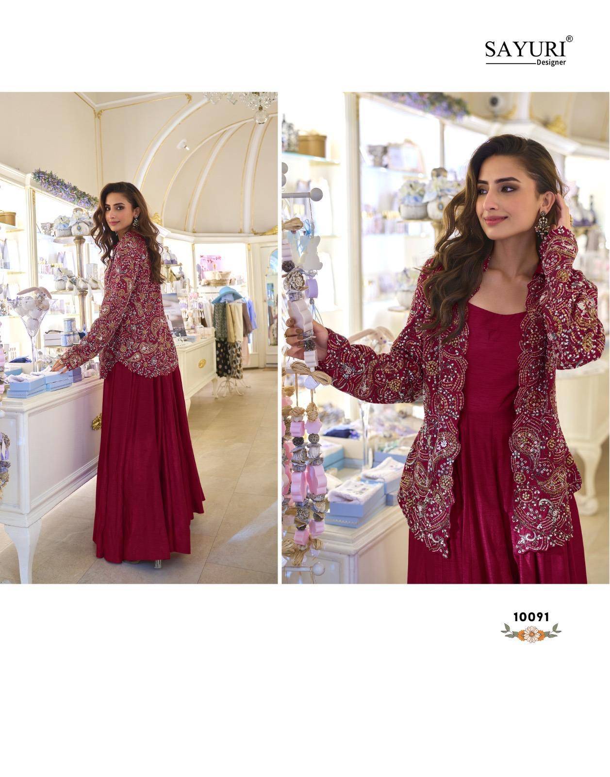 BELINA By Sayuri 10091 Designer Stylish Fancy Colorful Beautiful Party Wear & Ethnic Wear Collection Premium real silk Gowns With jacket At Wholesale Price